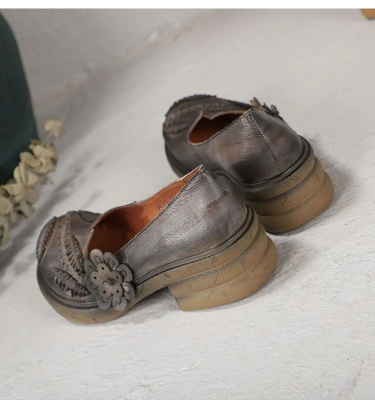 GKTINOO/женские туфли-лодочки оригинального дизайна; женская винтажная повседневная обувь на среднем каблуке из натуральной кожи с круглым носком на платформе с цветочным принтом ручной работы