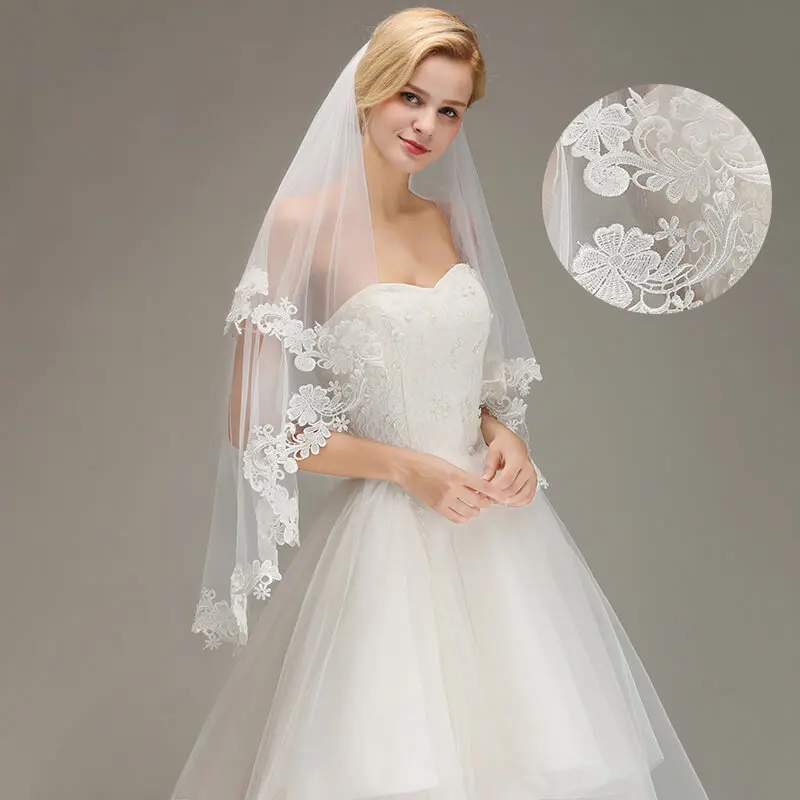 Voile Mariage 1.5M Короткая Фата с Кружевной Кромкой Расческой Двухслойная Вуаль Невесты Дешевые свадебные Аксессуары Veu de Noiva