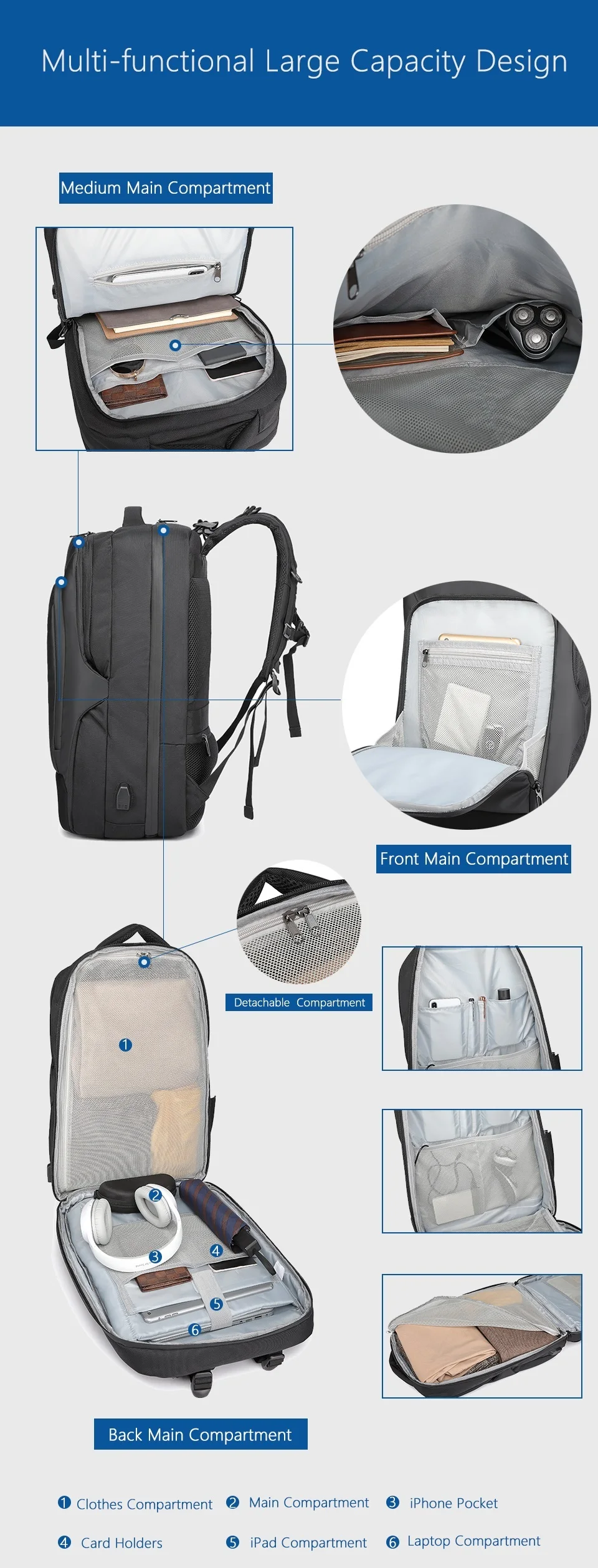 OZUKO, 15, 17 дюймов, рюкзак для ноутбука для мужчин, многофункциональный, USB зарядка, дорожные рюкзаки, мужские водоотталкивающие компьютерные сумки, Mochila