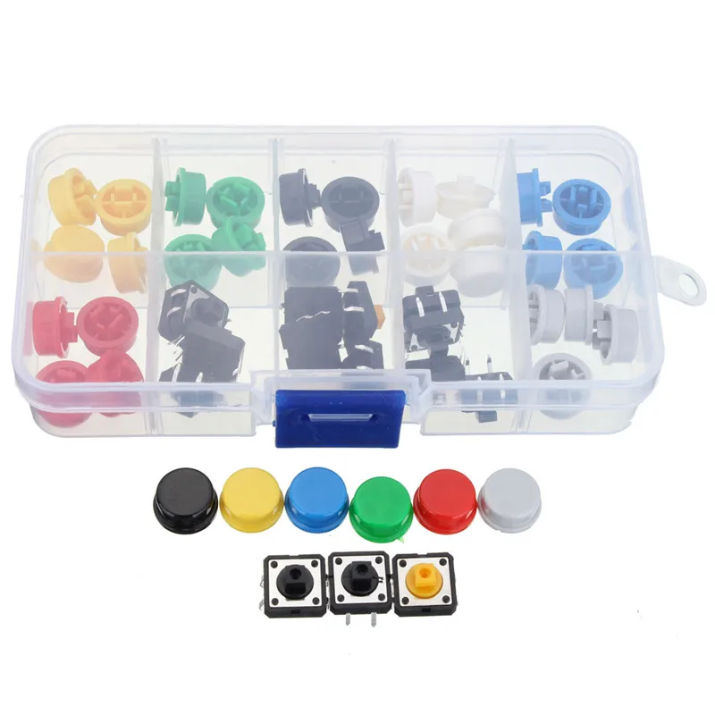 30Pcs Tactile Push Button Switch Momentary Tact /& Cap 12x12x7.3mm KeyCaps Kit