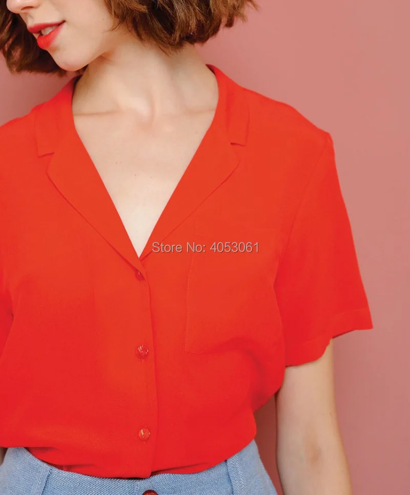 

Silk 100% Watermelon Red Solid Color Notched Short Sleeve Blouse Shirt Features Buttoned - 2019 Women Stylish Shirt Top