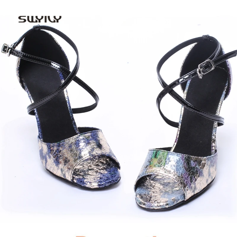 SWYIVY Women Ballroom Dance Shoes Printing Classical Latin Dance Shoes 2018 High Heel 8cm Female Adult Tango Dance Shoes