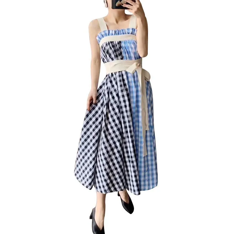 CHICEVER клетчатое синее женское платье без рукавов на бретельках с высокой талией и повязкой хит цвета миди платья Женская Летняя мода