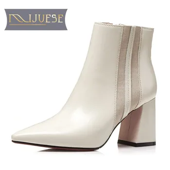 

MLJUESE 2019 women ankle boots cow leather zippers pointed toe short plush winter Chelsea boots women boots size 33-41