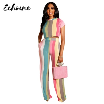 

Echoine Summer Short Sleeve O Neck Striped T-Shirt Long Wide Leg Pants 2 Pieces Sets Plus Size Purple/Yellow Tracksuit Overalls