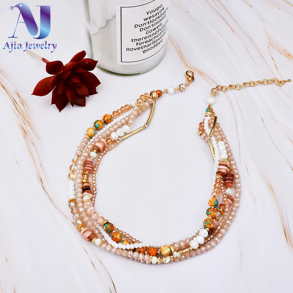 

Crystal Layered Choker Necklace For Women Ethnic Beads Natural Stone Necklace Bohemian Choker Handmade collares de moda 2019 New