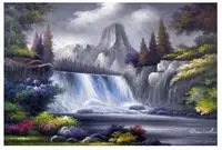 Mountain Waterfall River Landscape Trees Flowers 24X36 Frameless draw Oil Painting | Дом и сад