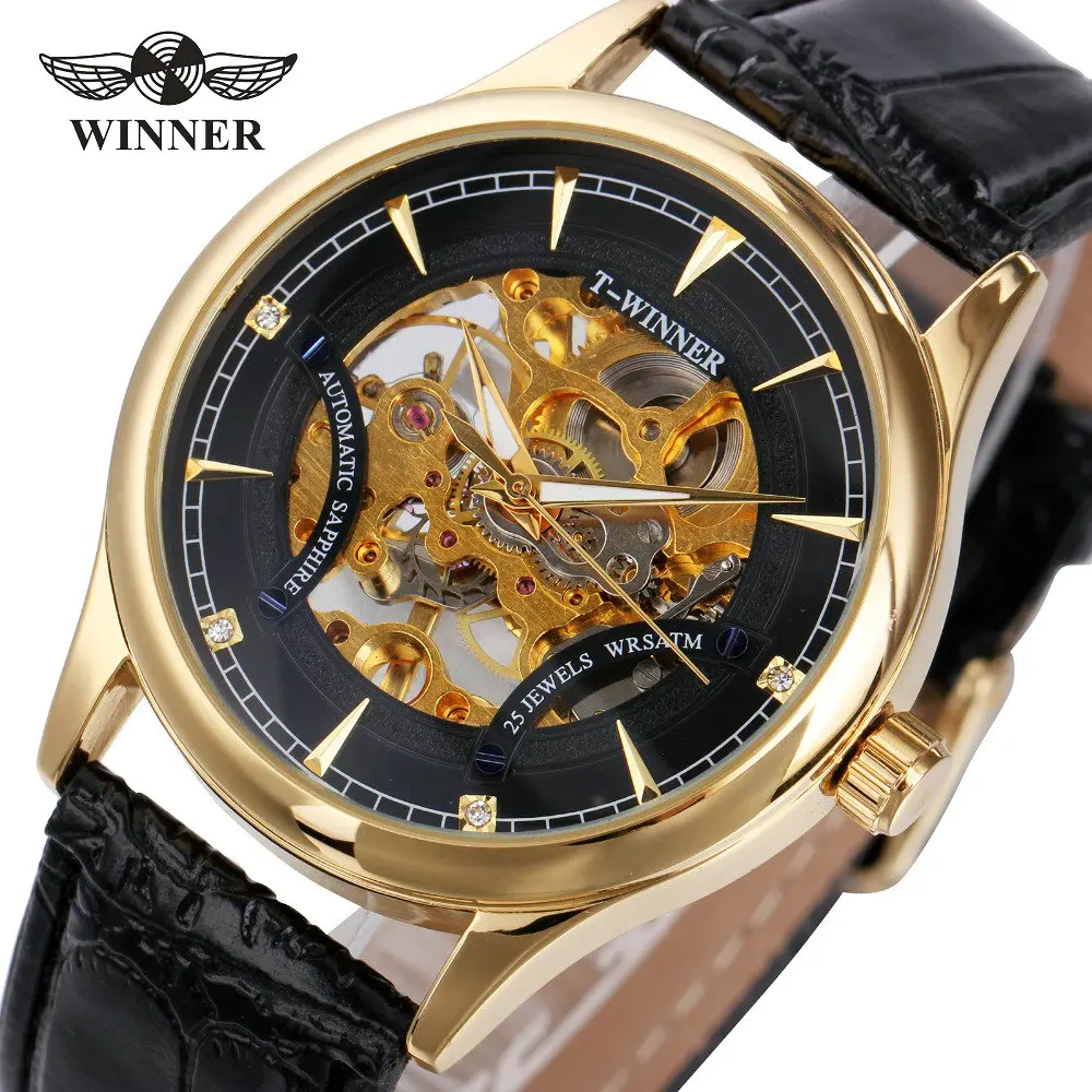 

WINNER Casual Mens Mechanical Watches Leather Band Hand-winding Movment Male Skeleton Wrist Watches Luminous Hands +GIFT BOX