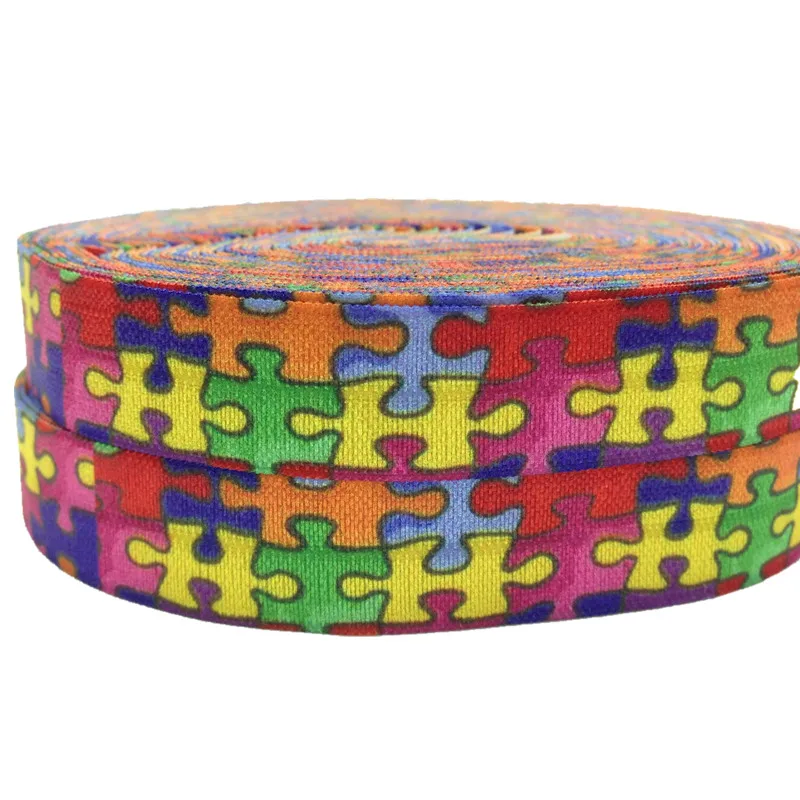 

Hot Sale Autism Awareness Puzzle Print Fold Over Elasitc 5/8'' 10Y Colorful FOE Ribbon for DIY Headwear Gift Webbing Accessory