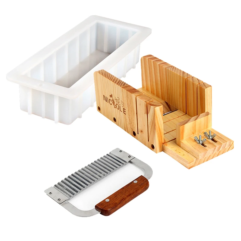 

3 Pieces Set Soap Making Tool Rectangular Silicone Mold with Adjustable Wooden Cutter Box and Wavy Stainless Steel Blade