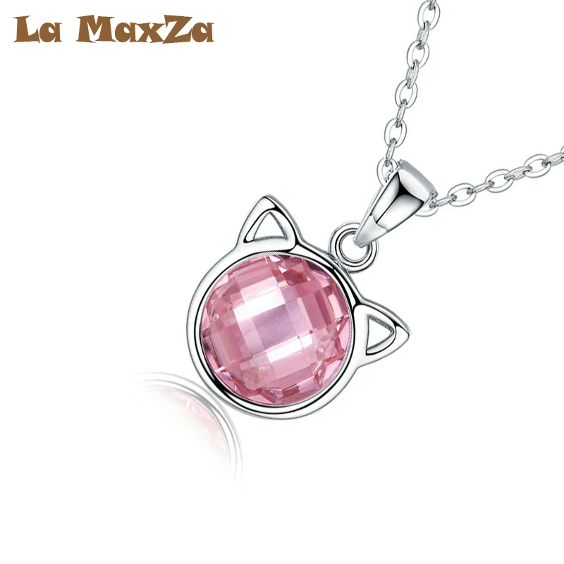 

La MaxZa Pendant Necklaces Genuine 925 Sterling Silver Cute Cat Pendant Necklaces with Pink Zircon for Women Animal Jewelry