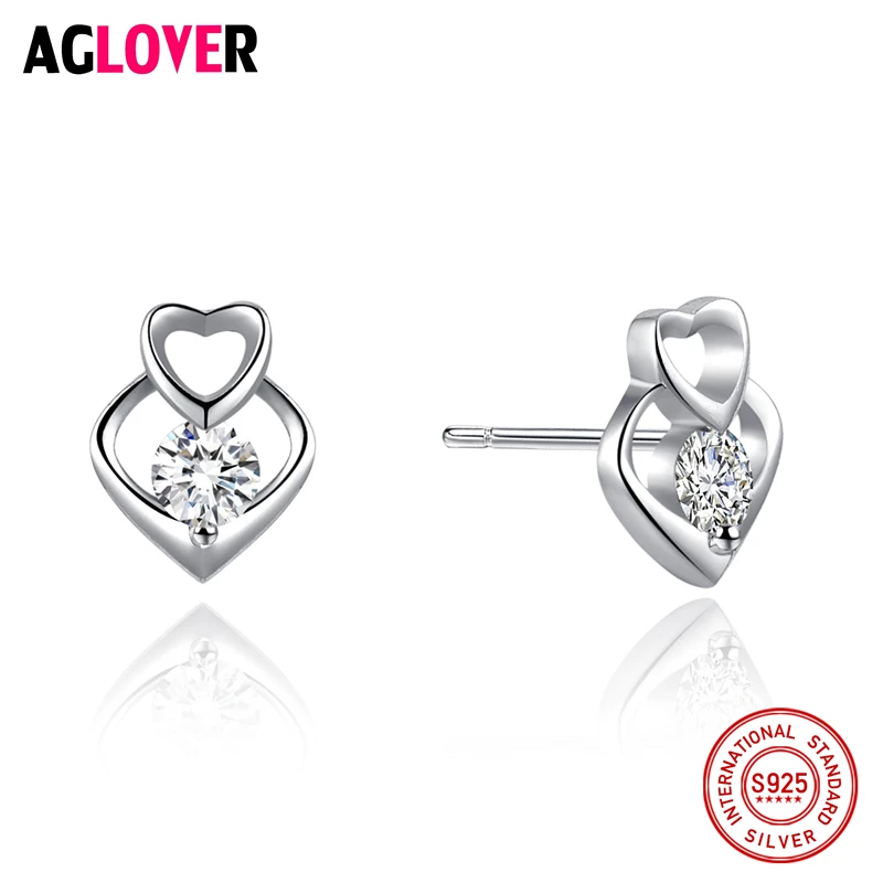 

AGLOVER Trendy 100% Real 925 Sterling Silver Earrings for Women Jewelry Luxury Cubic Zircon Heart Stud Earrings for Ladies