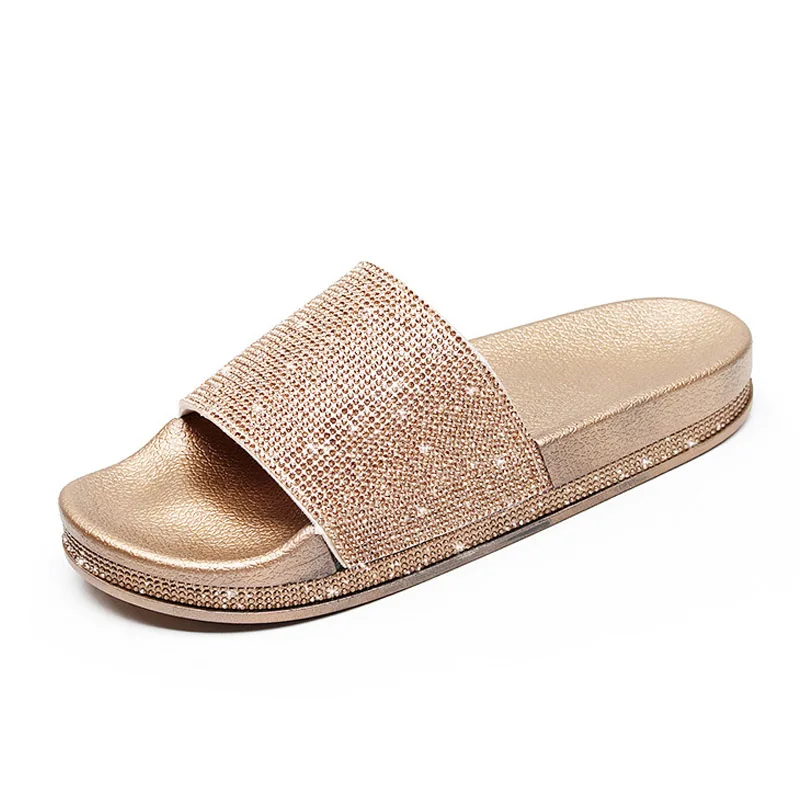 

Summer Rhinestone Bling Slippers Home Indoor Women Shoes Non-slip Crystal Solid Flat Slippers Beach Flip Flops Women's Slides