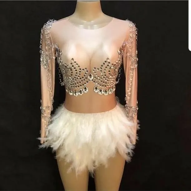 

Sparkling Crystals Jumpsuit Nightclub Party Women Sexy Skin Color Bodysuit Short White Feather Skirt Glass Costume YOUDU