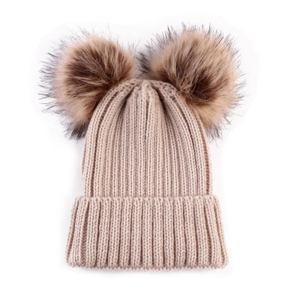 New Faux Fur Bonnet Enfant Women Double Pom Pom Beanie Hat Winter Warm Cap Baby Winter Crochet Hats Girls Boys Knitted Beanies