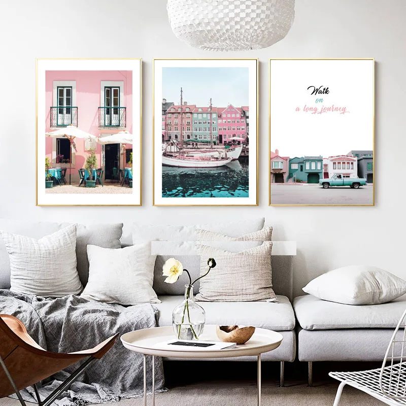 

Pink Building Canvas Painting Boat Nordic Poster Picture Posters Travel House Wall Art Pictures For Living Room Prints Unframed