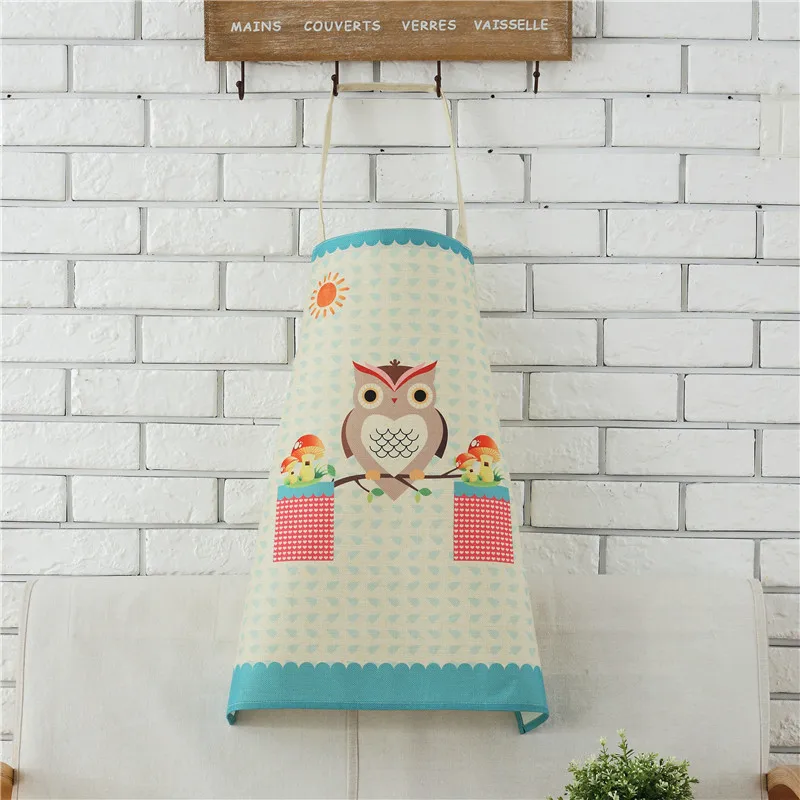 1pcs Cotton Linen Owl Flower Pattern Apron Woman Adult Bibs Home Cooking Baking Coffee Shop Cleaning Apron Kitchen Accessory