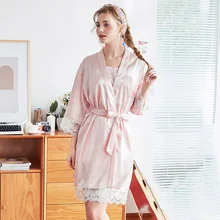 Женское Летнее шелковое атласное платье невесты для сна, большой размер, свадебное короткое Кружевное кимоно, платье для сестры