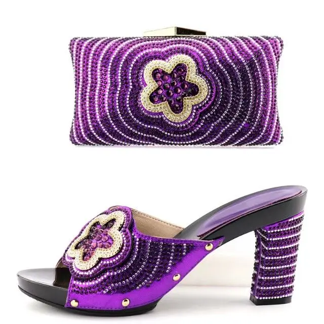 

Popular purple women high heel shoes match handbag set with rhinestone flower style african pumps and bag for dress V2088
