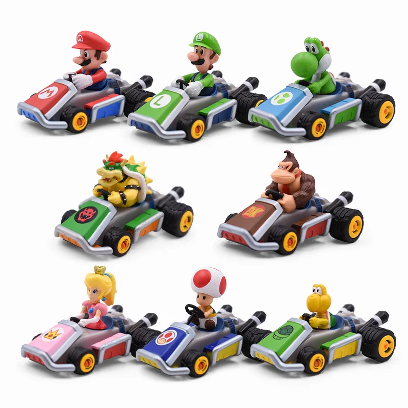 

8 Style Mario Bros Luigi Yoshi Koopa Peach Mario Kart Pull Back Car PVC Action Figure Toys Model Dolls Toy For Kids Gift