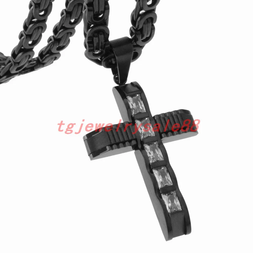 

Shiny Crystal 6mm Flat Byzantine Chain Necklace Cool Men's Black Color Stainless Steel Cross Pendant Choker Jewelry 18-36