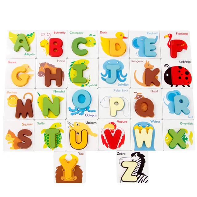 children educational wooden blocks toy cartoon animals number alphabet card