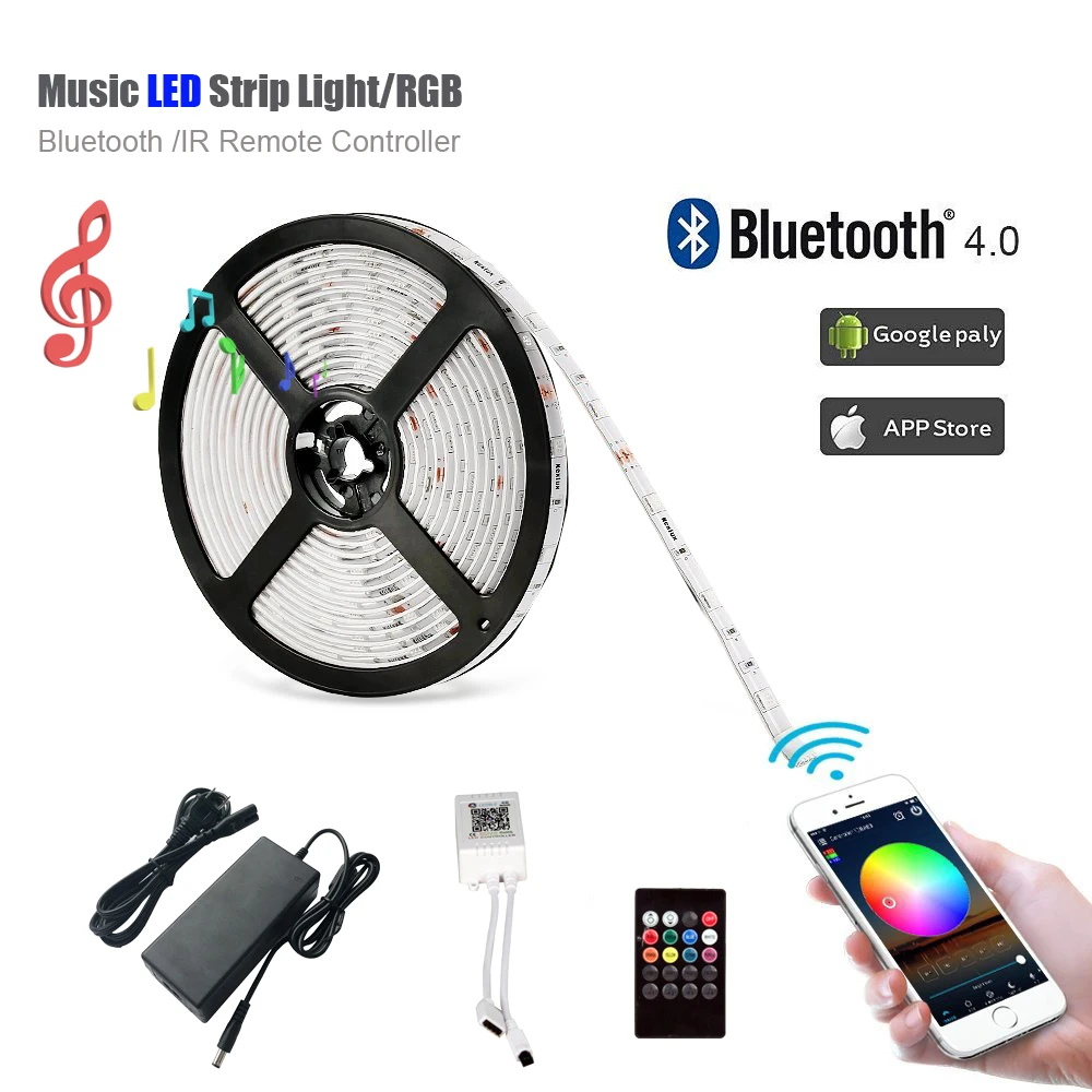 

Bluetooth Smartphone APP Controller 5M RGB 5050 LED Strip Light, LED Lights Sync To Music 300LEDs Strip IR Controller+ 5A Power