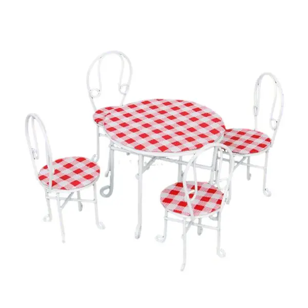 1/12 Miniature Metal Wire Table and 4 Chairs Dollhouse Furniture White Checked Cover