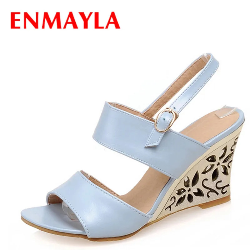 

ENAMYLA Sweet Simple Wedges Heels Open Toe Sandals Women Breathable Blue Silver High Heels Ladies Sandals Shoes Woman