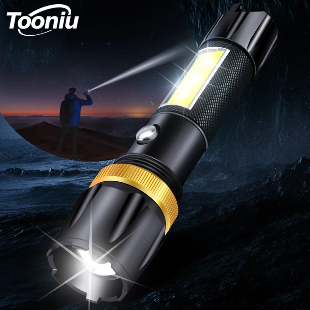 

Super bright Waterproof LED Flashlight With COB side light Rotary zoom 3 lighting modes Powered by 18650 battery for camping