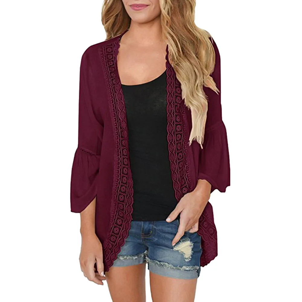 

2019 Summer T-Shirt Women Solid Color Loose Shawl Kimono Cardigan Tops Boho Chiffon Lace Three Quarter Sleeve Loose T Shirt#Z15