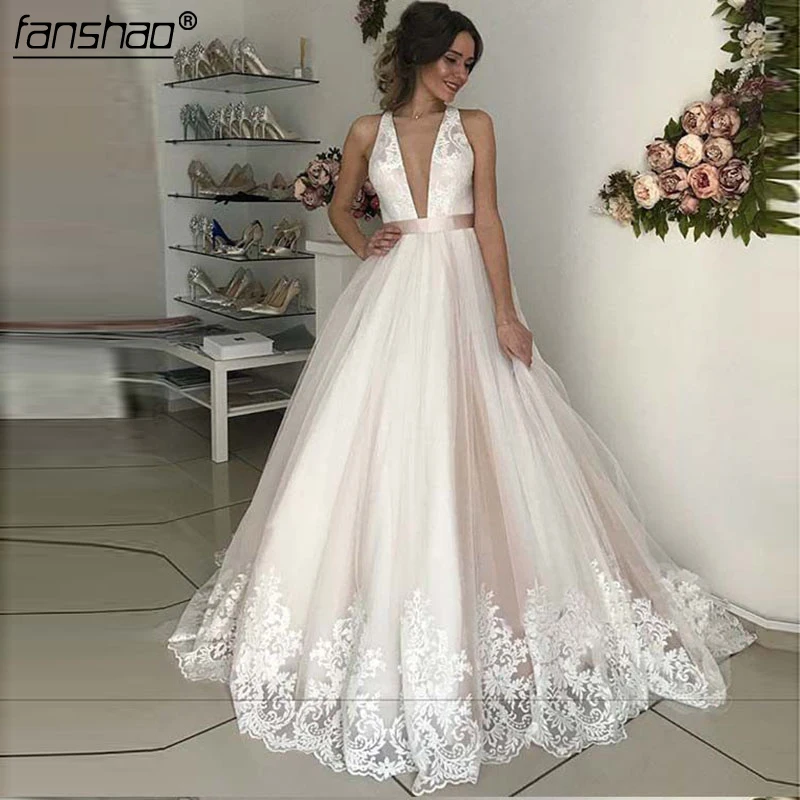 

2019 Muslim Wedding Dress Deep-V Lace Illusion vestido de noiva Dubai Arabic Wedding Gown Bridal Dress