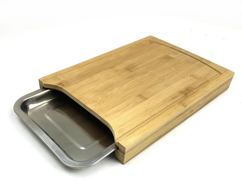 Бамбуковая разделочная доска с поддоном из нержавеющей стали, органический экологичный поднос для кухни легкое удаление отходов и более быстрое время приготовления пищи - Цвет: board