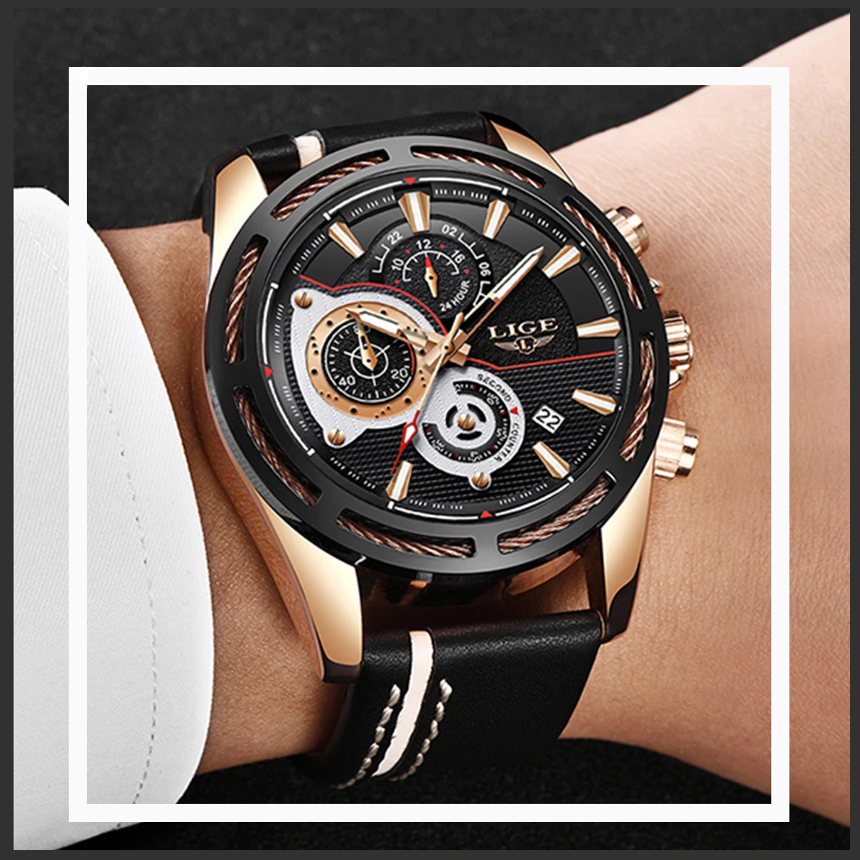 Relojes марта 2019 LIGE новые модные мужские наручные часы кожаные спортивные кварцевые часы водонепроницаемые мужские военные хронограф большие