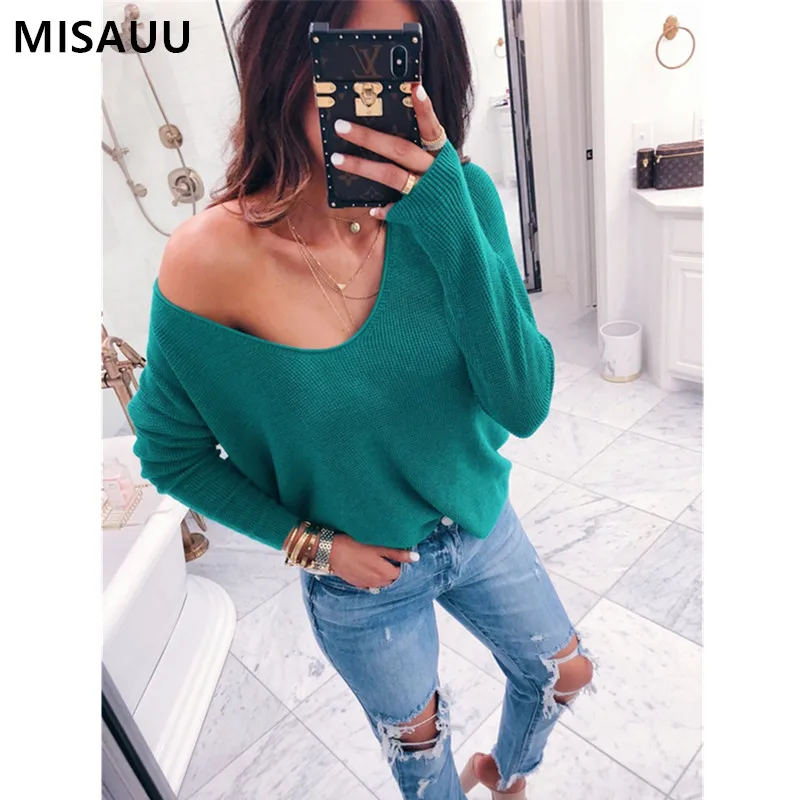 

MISAUU Sexy V-Neck Off Shoulder Long Sleeve Black Sweater Women Jumpers Pullovers Ladies Tops Knitted Sweaters Pull Femme