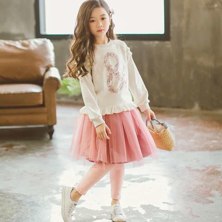 

4-12Y 2018 Spring New Costume Children Girls Clothing Sets Teenage Spring Costume Girls Clothes Cotton Lace Blouse + Tutu Skirts