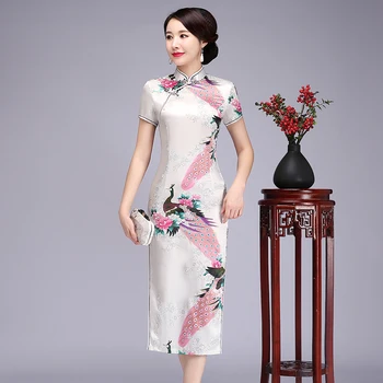 

Summer New Female Print Cheongsam Short Sleeve Women Stain Long Qipao Sexy High Split Traditional Chinese Dress Vestidos