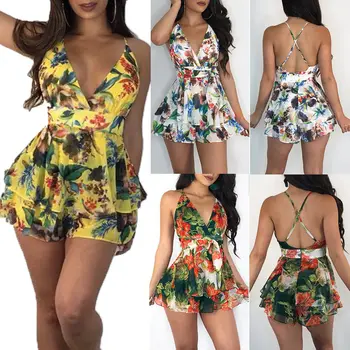 

Women Summer Romper Beach Floral Ruffle Backless Strap Clubwear Bodycon Playsuit Short Pants Trouser