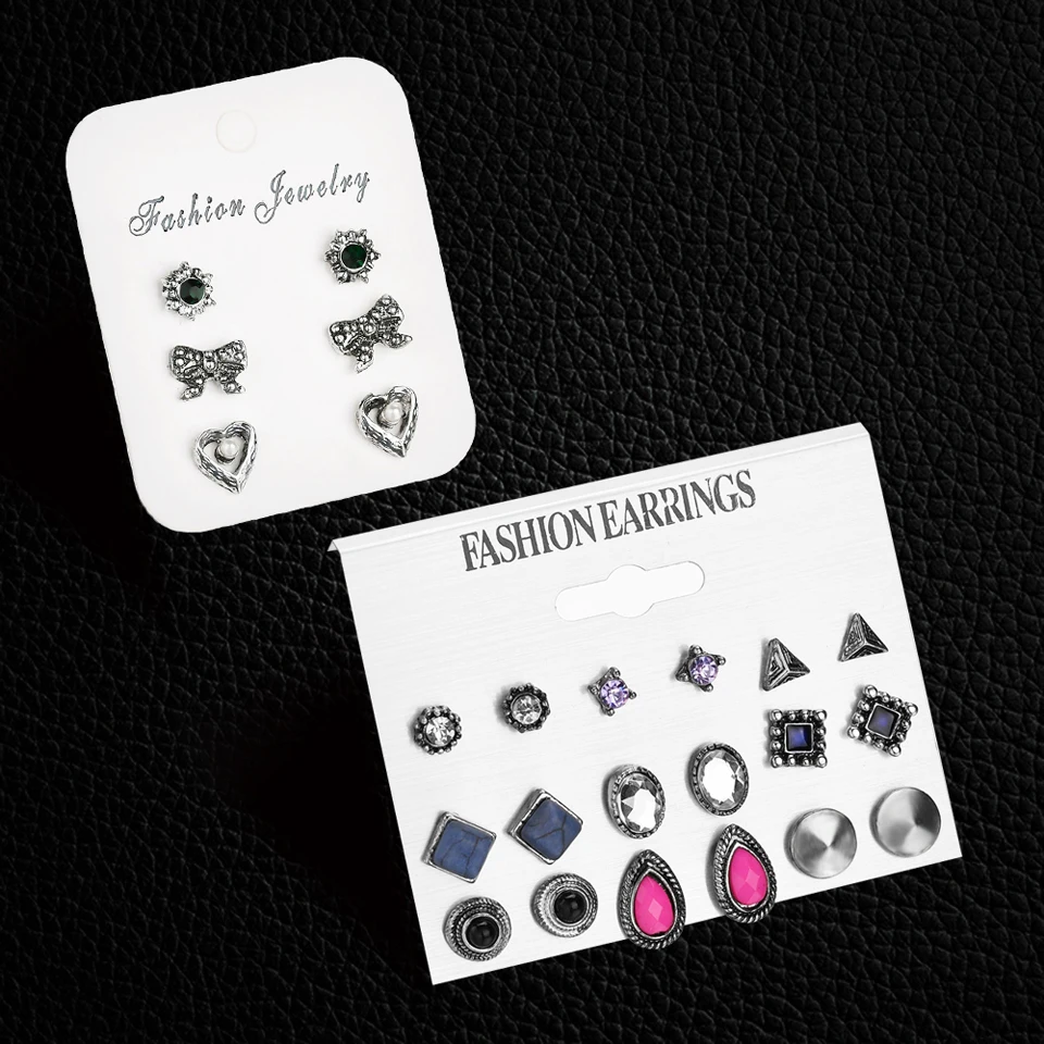 

Antique Silver Color Bohemia Ethnic Stud Earrings for Women Bowknot Geometric Square Round Charm Statement Earrings female 2018