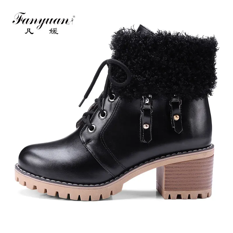

Fanyuan Warm fur ankle boots for women new round toe high heel 6cm lace up Martin Winter Snow boots Square heel women's shoes