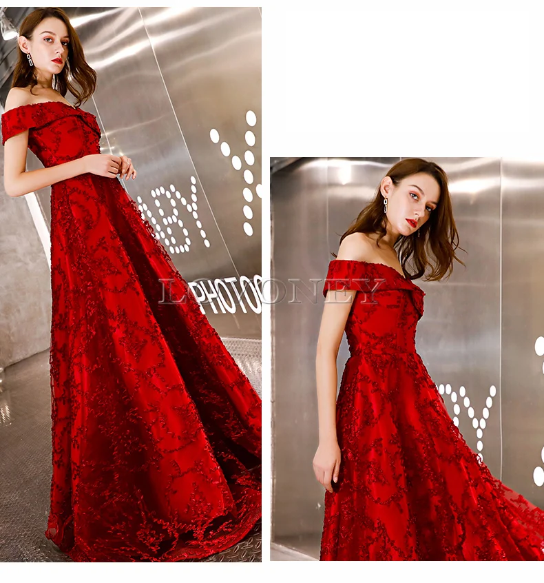 DEERVEADO Evening Dress A Line Boat Neck Long Formal Dress Evening Party Dresses Lace-Up Back Evening Gown YS454