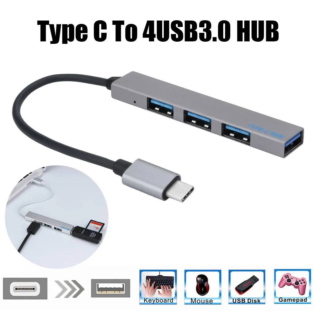 

USB Hub 3.0 High Quality Type-C To 4 USB C Hub Expander Ultra-Thin Mini Portable 4-Port USB Type C Hub Silver
