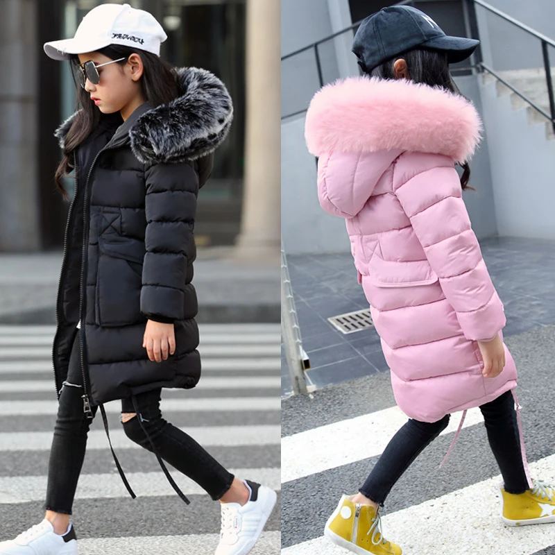 

-30 degrees Girl clothing Long Padded clothes graffiti Winter Jacket kids Warm Thicken Hooded Faux fur Coats Teen Outwear parka