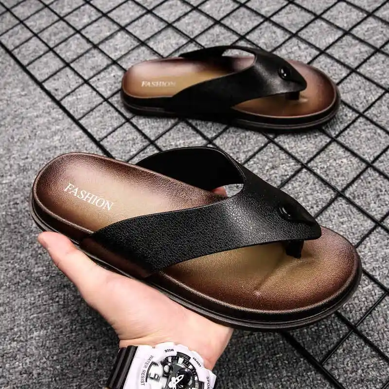 Мужские кожаные тапочки летние плоские Вьетнамки для дома мягкие домашние тапочки пляжные коричневые белые сандалии - Цвет: black
