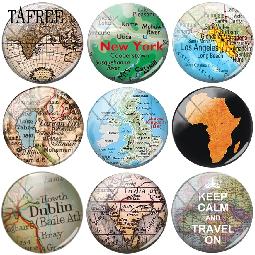 

TAFREE Keep Calm And Travel On Map Of The World Round Shape Glass Cabochon Charms DIY Accessories Cameo Pendant Settings