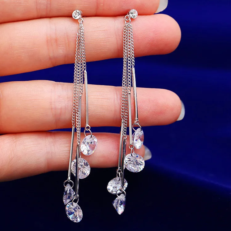 Cute Korean Female Big Tassel Earrings Fashion White Zircon Drop
