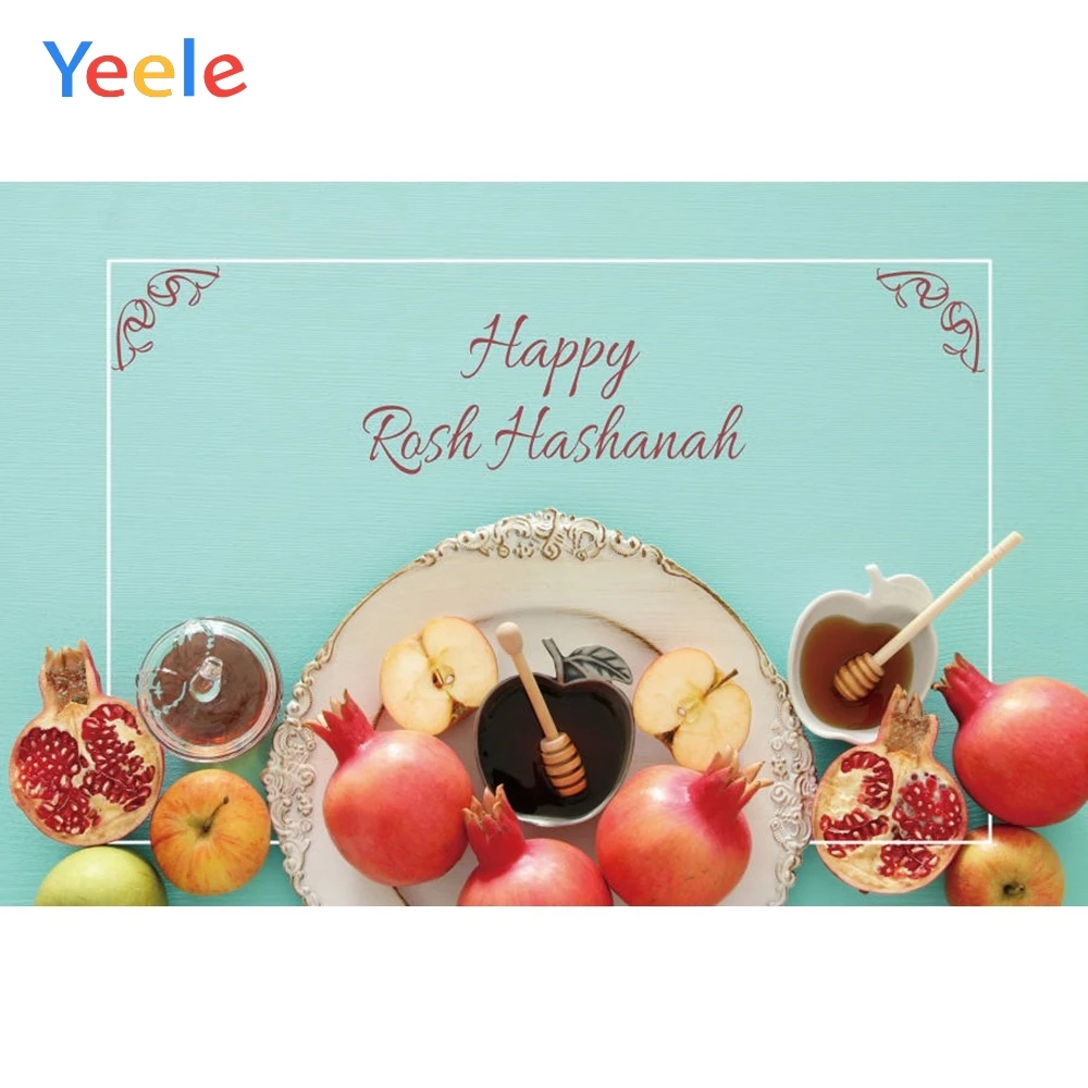 Happy Rosh Hashanah Backdrop 10x6.5ft Jewish Holiday Polyester Photography Background Blue Wooden Table Board Apple Honey Pomegranate Cups Heart-Shape Greet New Year Judaism Portrait Shoot Banner