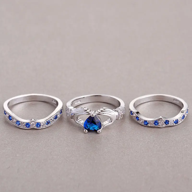 Обручальное кольцо с сердечком для невесты, комплект из 3 предметов, обручальные кольца для женщин, синий CZ, день рождения камень, обручальное кольцо, вечерние, подарок, Прямая поставка