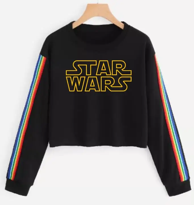 New Fashion Women's STAR WARS Round Neck Long Sleeve T-Shirt Short Rainbow Stripe Street | Женская одежда