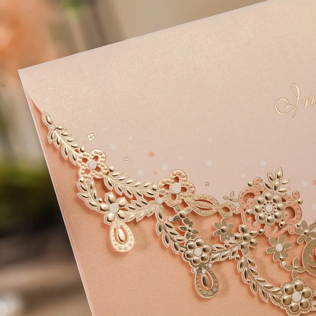  20Pcs Blush Floral Pink Laser cut Wedding Invitations Card Bronze Glitter Wedding Card Bridal Showe - 33024699154